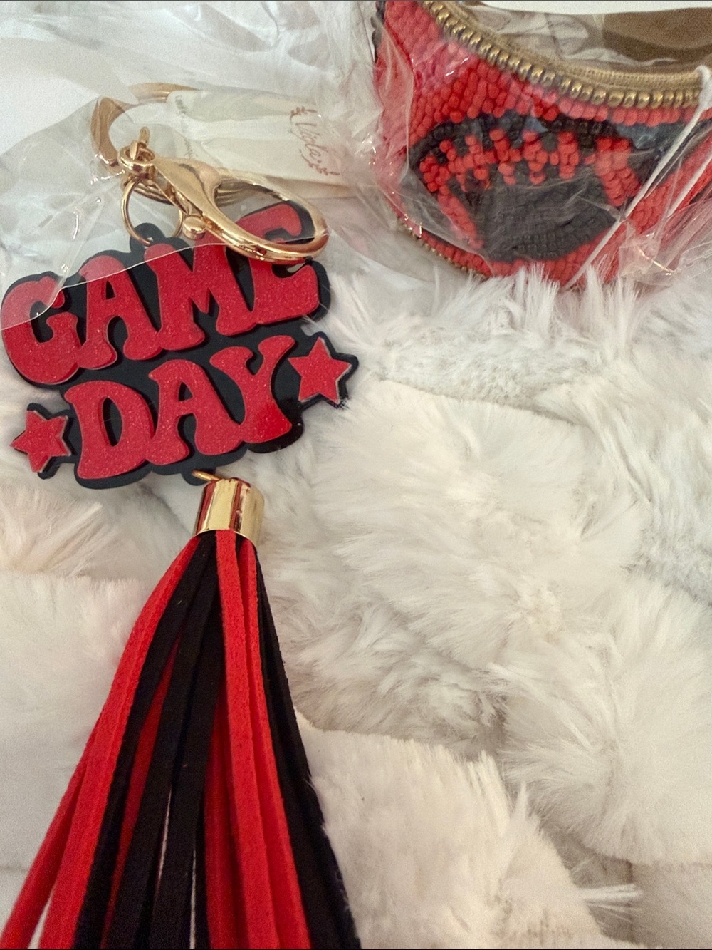 Game Day Red & Black Tassel Keychain with Bracelet